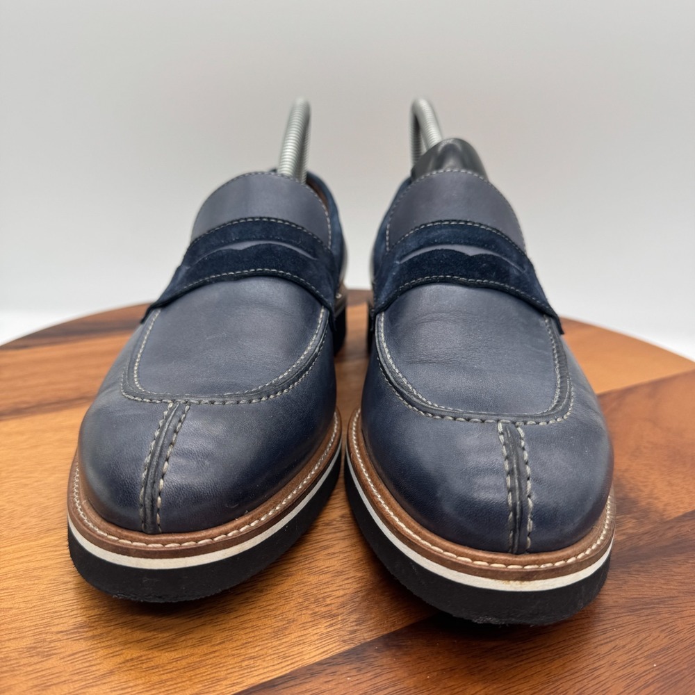 Paul Frederick Klaus Penny Loafers Mens 8 Blue Leather Dress Shoes Casual Italy - Picture 2 of 11